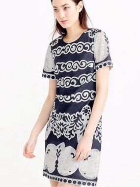 J. Crew Blue & White Lace Short Sleeve Shift Dress Size 12